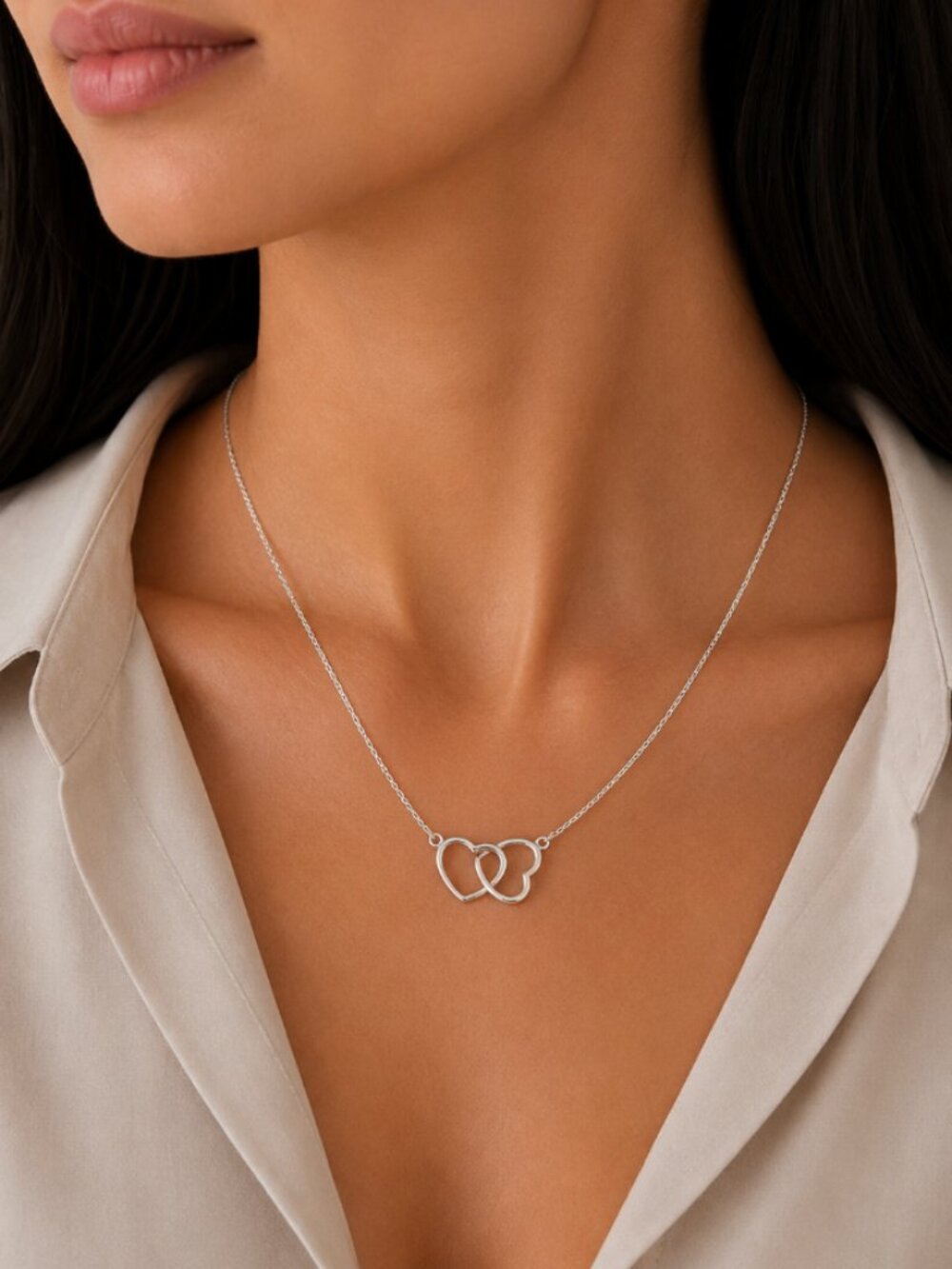 925 Sterling Silver Double Heart Linked Necklace Interlocking Hearts Necklace - Picture 2 of 15